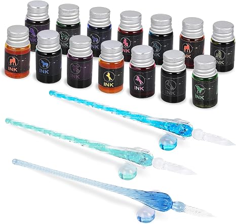 19PCS Glass Dip Pen Set 3 Crystal Pens 14 Color Inks