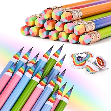 16PCS Rainbow Pencils with Erasers Multicolor