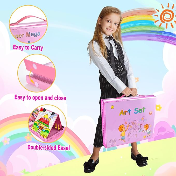 230 PCS Kids Art Set Pink Double-Sided Easel Drawing Kit