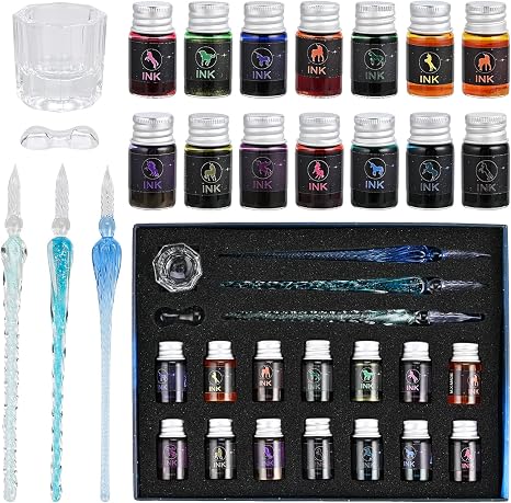 19PCS Glass Dip Pen Set 3 Crystal Pens 14 Color Inks
