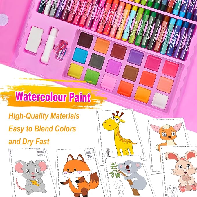230 PCS Kids Art Set Pink Double-Sided Easel Drawing Kit