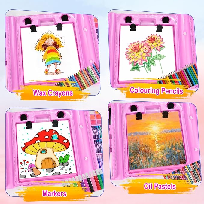 230 PCS Kids Art Set Pink Double-Sided Easel Drawing Kit