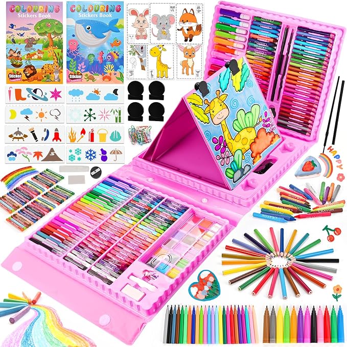 230 PCS Kids Art Set Pink Double-Sided Easel Drawing Kit
