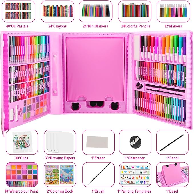230 PCS Kids Art Set Pink Double-Sided Easel Drawing Kit